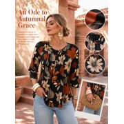 Cuteduck Women Plus Size Printed Tunic 3/4 Sleeve Fall Pleated Round-neck Casual Loose Ruffled Top 1X-5X