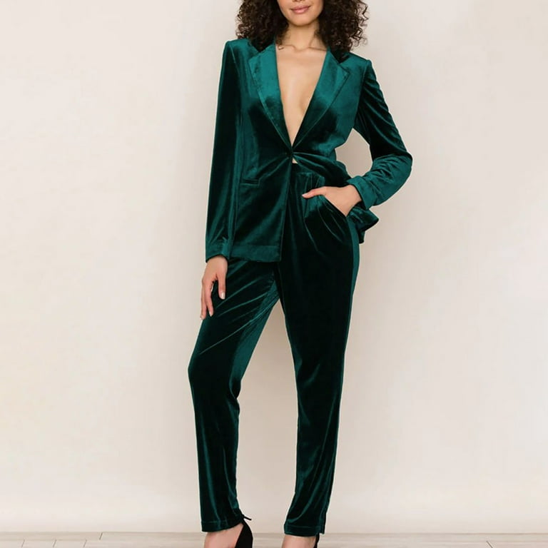 Women's Velvet Business Suit Set Lapel Long Sleeve Open Front