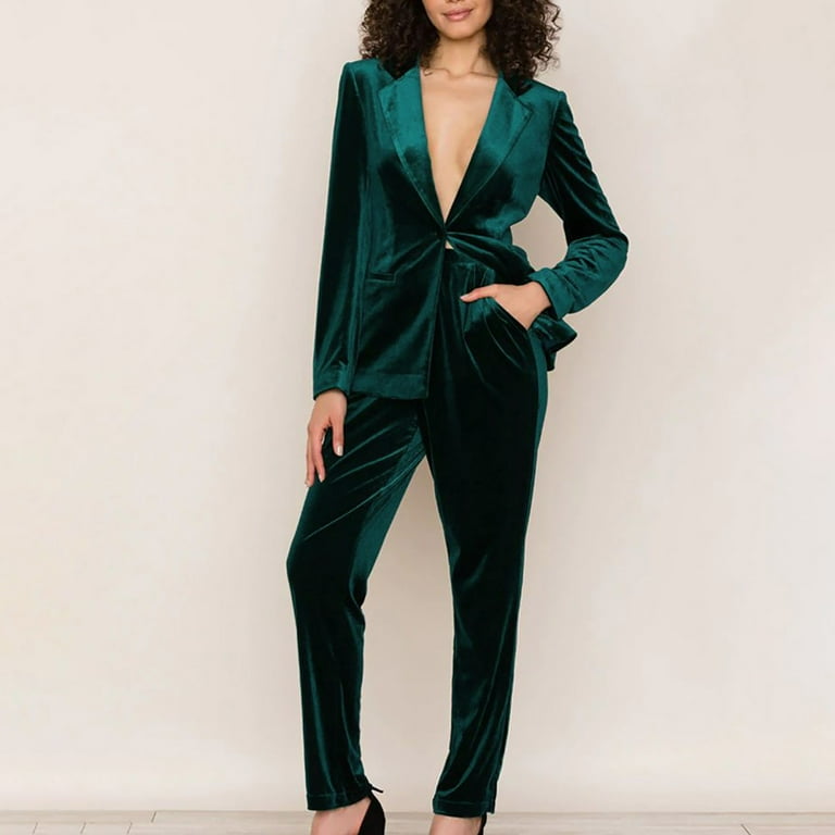 Women's Velvet Business Suit Set Lapel Long Sleeve Open Front