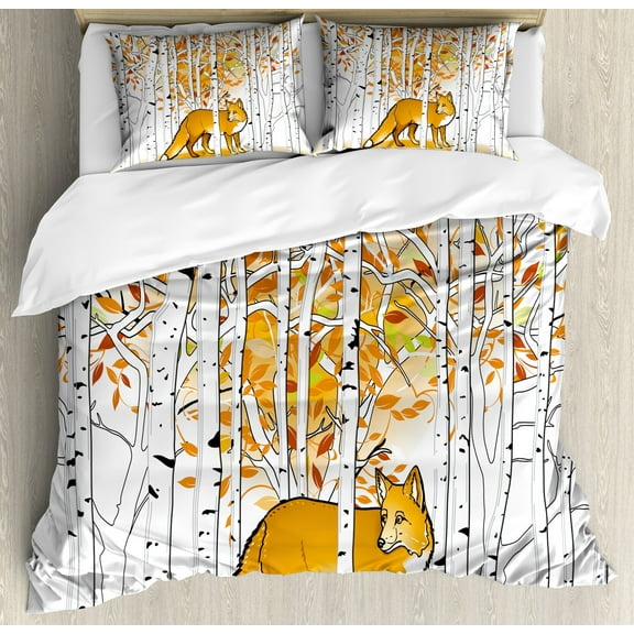 Hunting Duvet Cover Set, Fox Hunting in Autumn Forest Birch Trees Rustic Life Wilderness Animal, Decorative 3 Piece Bedding Set with 2 Pillow Shams, Calking Size, Orange White Black, by Ambesonne