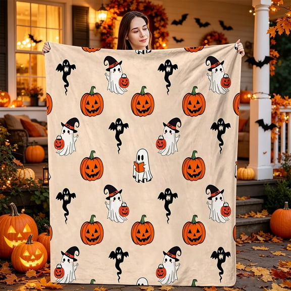Halloween Blanket 50x60in Flannel Throw for Sofa Couch Bed, Soft Cozy Fleece Plush Blanket with Ghost Pumpkin Skull Print, Halloween Decorations Gift by OVFUIZ
