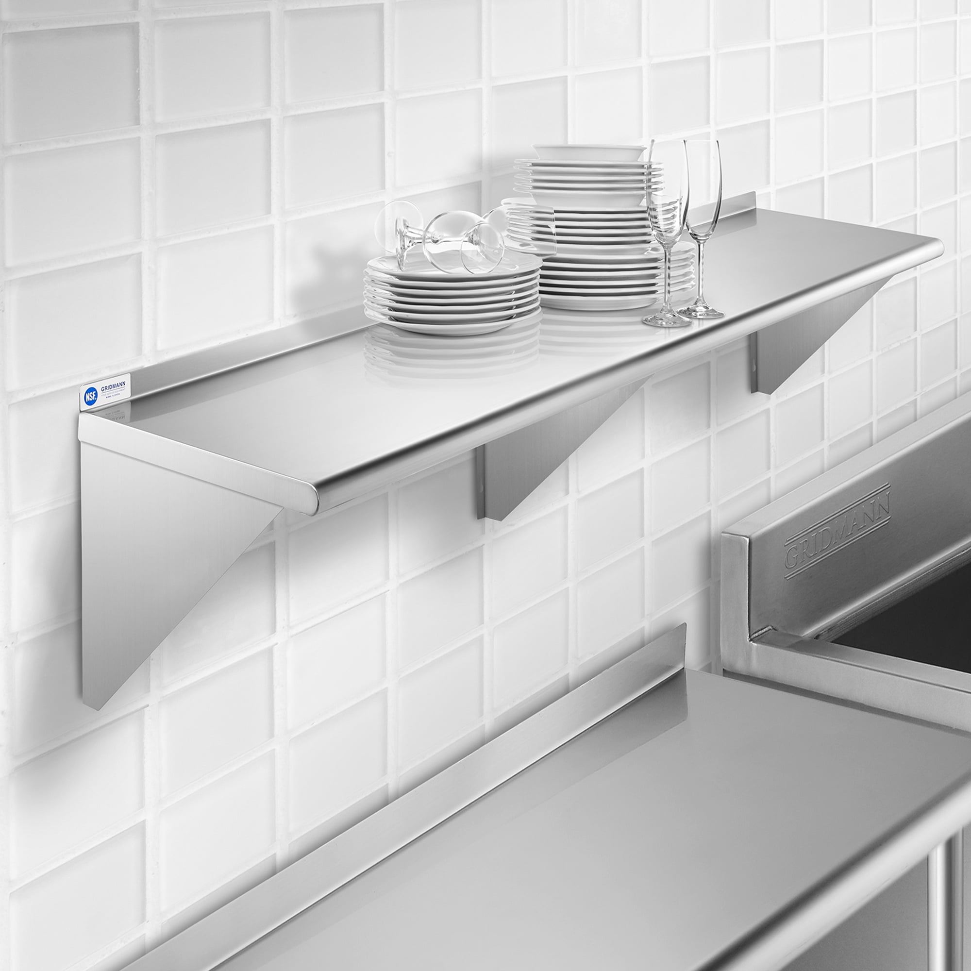 GRIDMANN 18" x 72" NSF Stainless Steel Kitchen Wall Mount Shelf w/ Backsplash