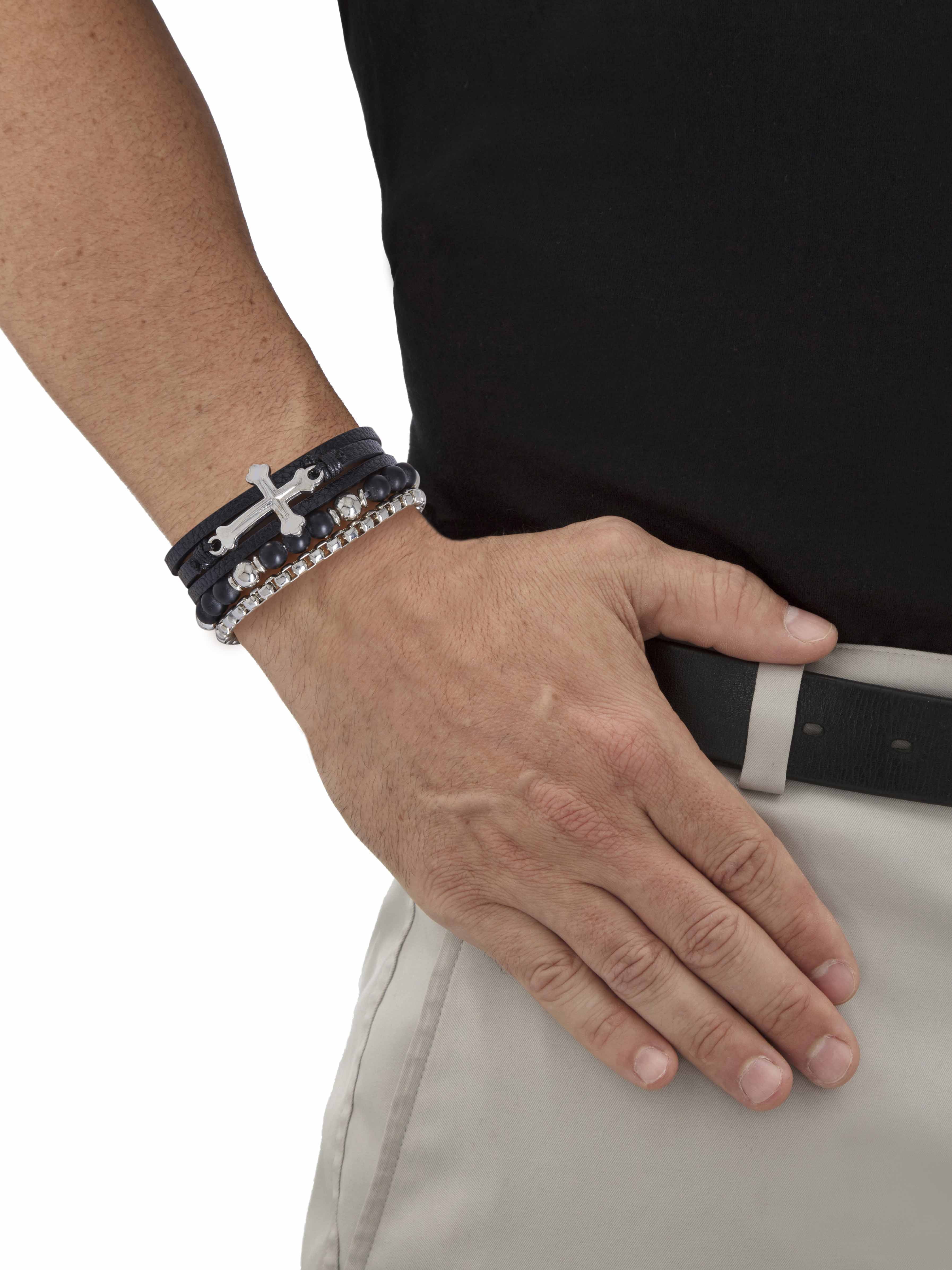 American Exchange Men's Stainless Steel Cross Leather Multi Strand Bracelet Set 8.5 Inch