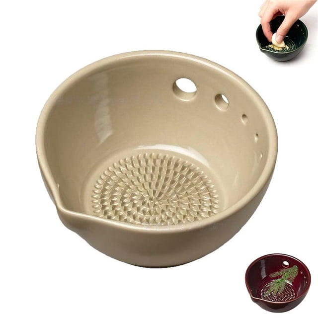 ZOUBAOQ Assiette à Ail Faite à la Main Râpe & Bol Râpe, Bol Éplucheur d'Herbes Fraîches 2-en-1 en Céramique avec Râpes Intégrées et Éplucheur d'Herbes, Assiette Rasca Ajos pour Gingembre, Herbes & Sauces