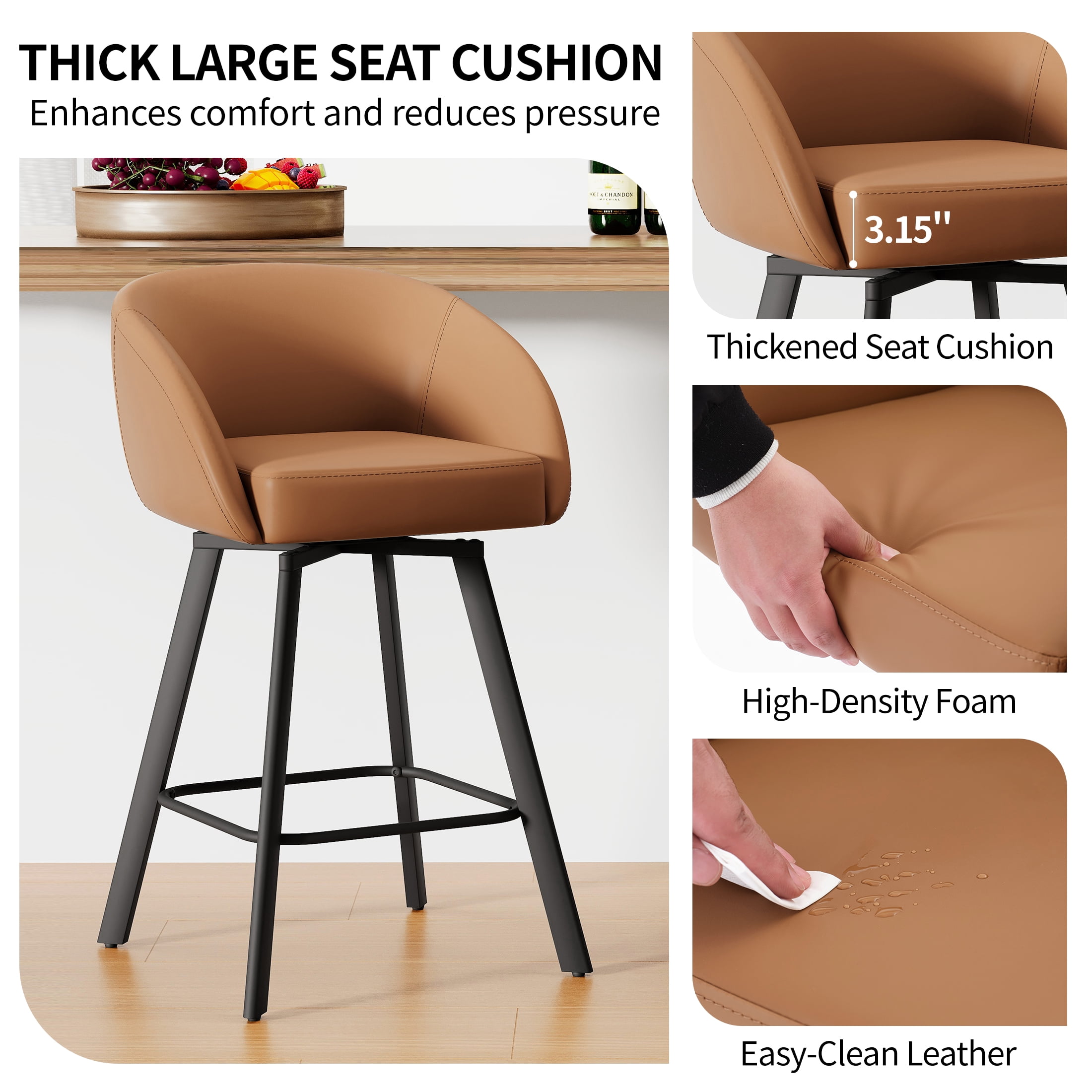 FIRAVOE Swivel Bar Stools Set of 2, 26" Counter Height Bar Stools with Back, Faux Leather Bar Chair Kitchen Barstools Counter Stools, Camel Brown