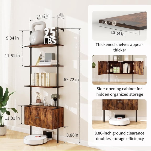 70 Inch Tall Wall Mounted Bookshelf with Cabinet, Industrial Floating Shelf Unit with 4 Tiers for Living Room Bedroom Home Office Storage