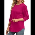 thumbnail image 3 of Blusas de Mujer con Mangas 3/4, Cuello Redondo, Túnicas Casuales, Camisas Plisadas Básicas, Corte Holgado, 2025 Rosa Roja L, 3 of 5