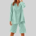 thumbnail image 2 of UAMVSH Women Button down Two Piece Sets Plus Size Cotton Linen Long Sleeve Shirts and Drawstring Bermuda Shorts Beach Outfits(Small,Mint Green 1), 2 of 7