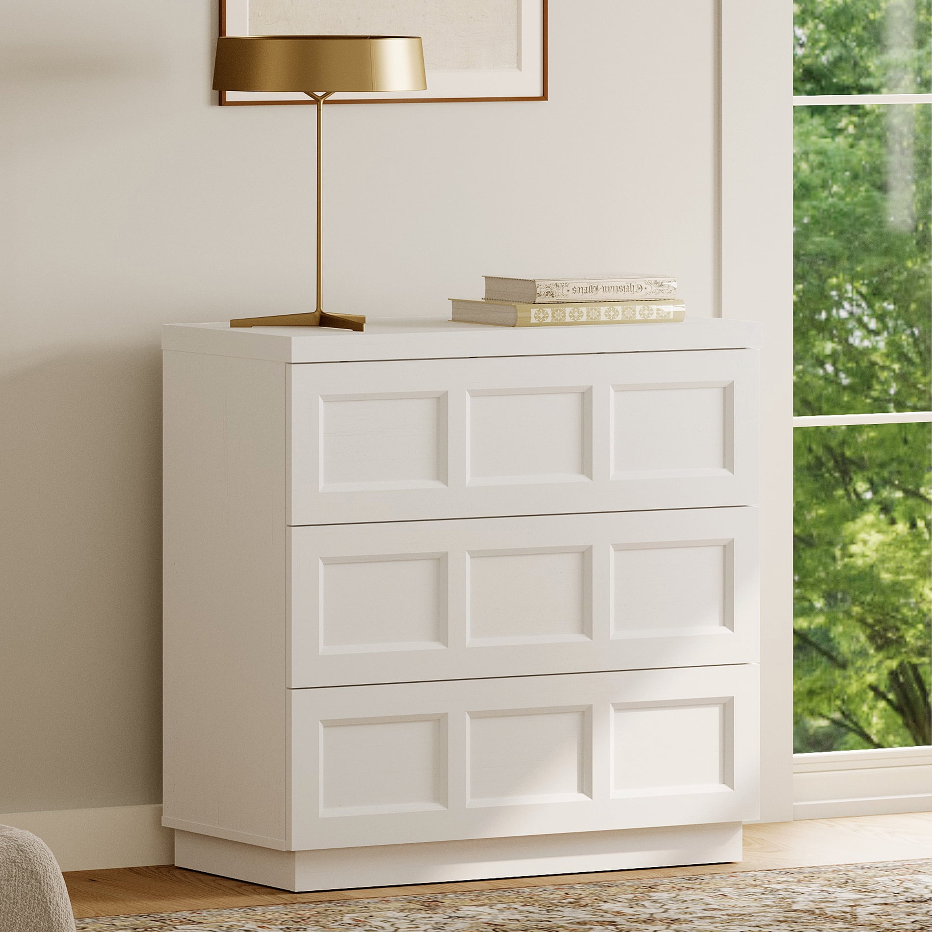 HOMOOI 3-Drawer Sideboard Cabinet, Boho 31.5" Thickened Wood Storage Buffet Console with Pop-Up Rebound Drawers, Smooth Silent Gliding Design, Anti-Wobble Stable Accent Cabinet for Dining Room,White