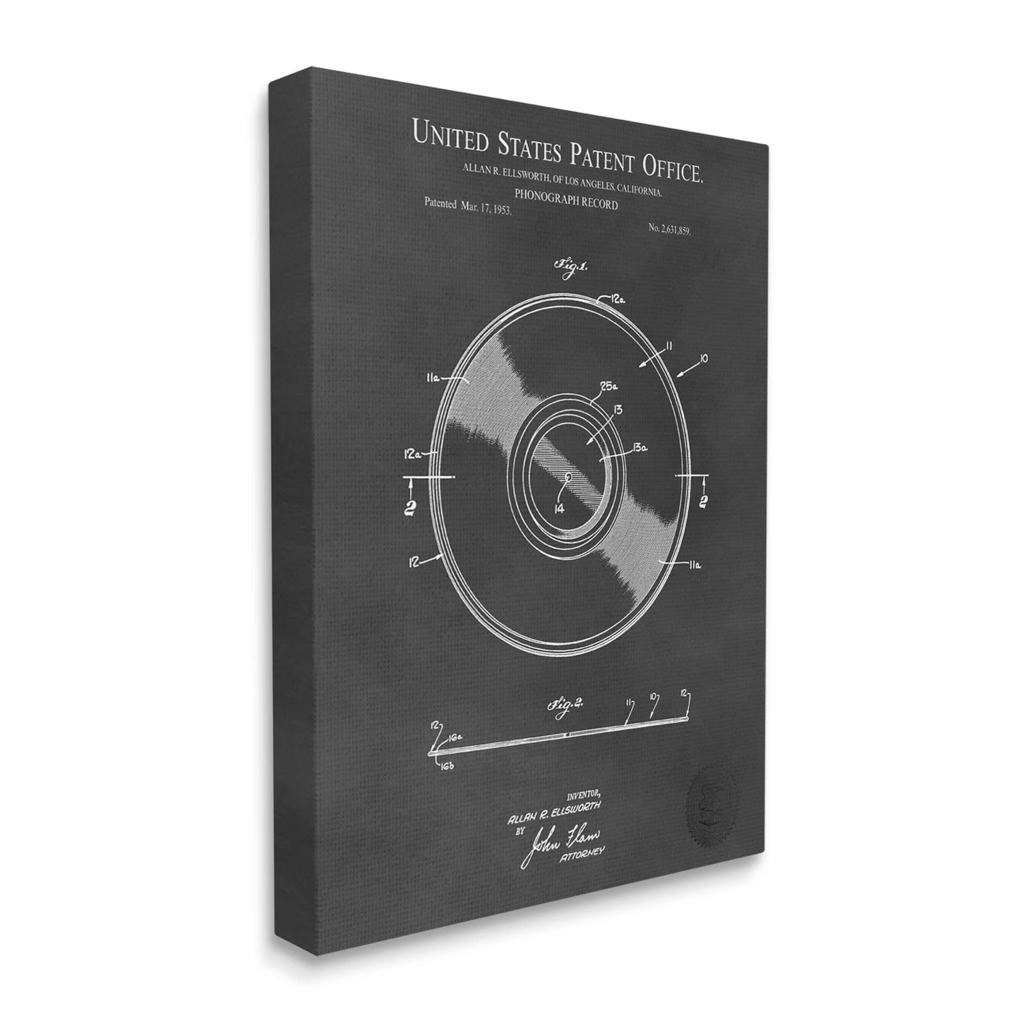 Stupell Industries Phonograph Record Player Detailed Music Diagram Blueprint Canvas Wall Art, 16 x 20, Design by Karl Hronek
