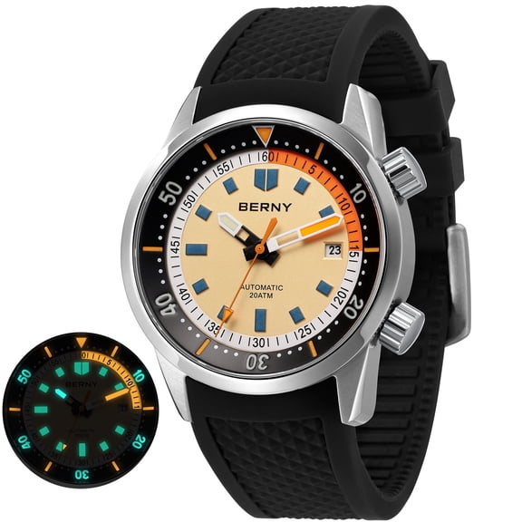 BERNY Men's Automatic Dive Watch, Sport 20ATM Waterproof Machanical Wrist Watch with Super Luminous, Silicone Band, Date Calendar, Fashion Diving Watch for Men, Yellow