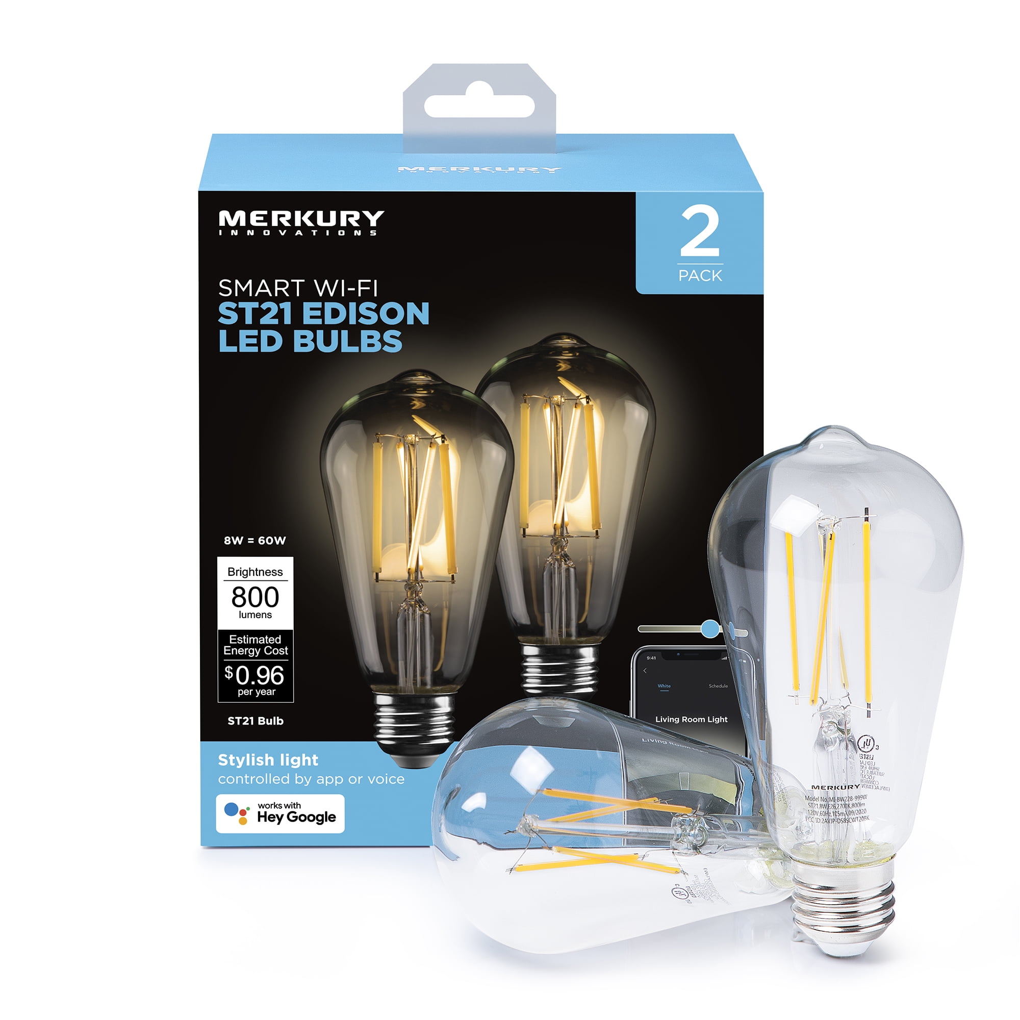 Merkury Innovations ST21 Smart Edison Bulb with Voice control (2 Pack)