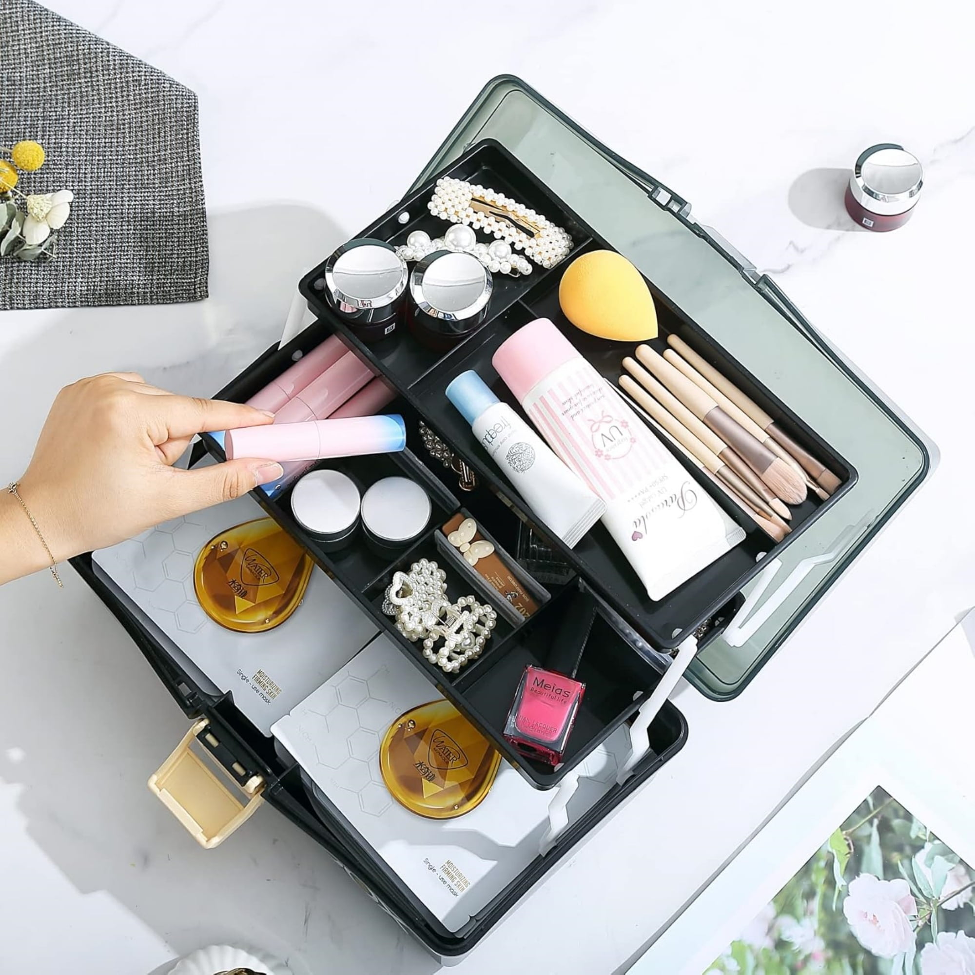 Kinsorcai 2PCS 12'' Three-Layer Clear Plastic Storage Box/Tool Box, Multipurpose Organizer and Portable Handled Storage Case for Art Craft and Cosmetic (Black)