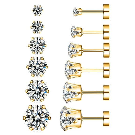 Flat-back cubic zirconia earring set (6 pairs, gold)