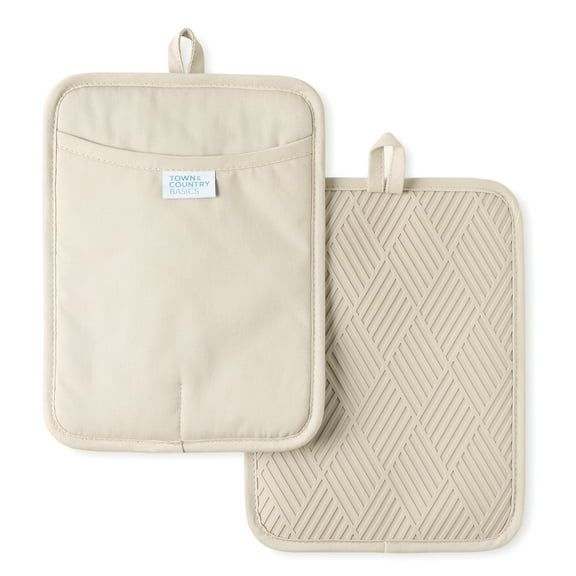 TOWN & COUNTRY BASICS Basketweave Soft Silicone Pot Holder 2-Pack Set, Heat Resistant up to 500F, Flexible Silicone, Non-Slip Grip, Beige, 7.5"x10"