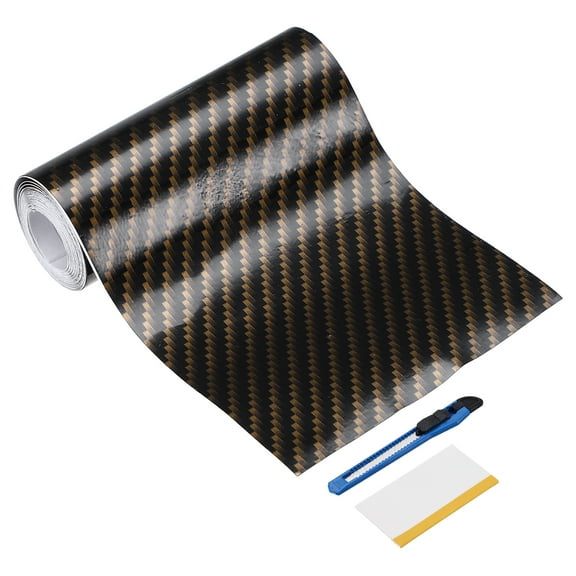 1 Set Carbon Fiber Vinyl Wrap 1.97" x 16ft Self-Adhesive Car Sticker Waterproof Wrap Roll for DIY Decor Automotive Exterior Interior Protection with Scraper Tool, Black Golden