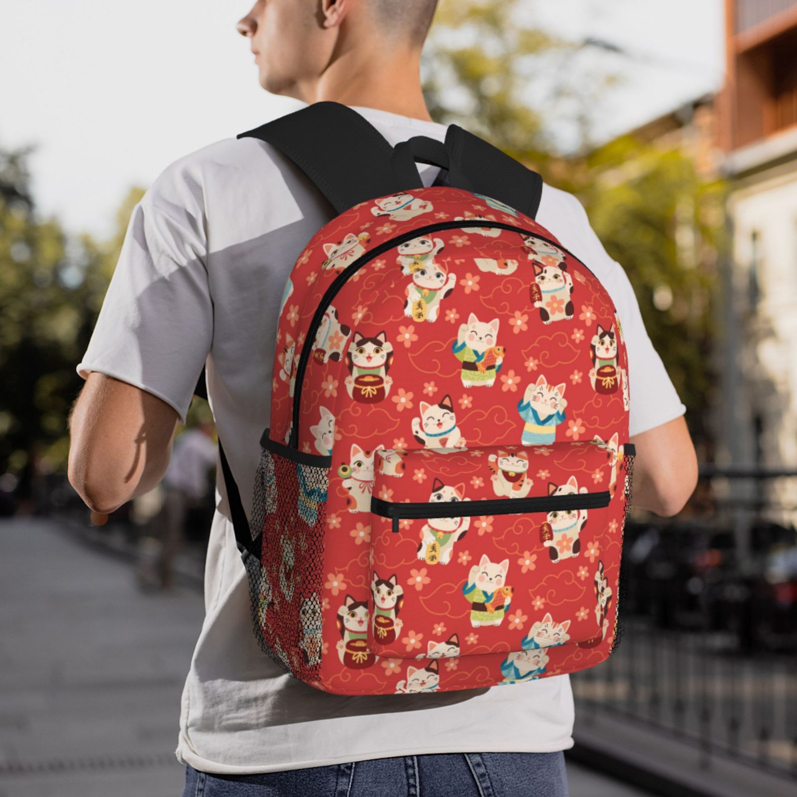 Vsdgher Japanese Maneki Cats Print Unisex Large Capacity Bookbag Schoolbag Casual Daypack for High School/College/Teens/Travel/Work