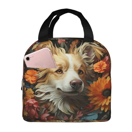 Insulated Lunch Bag for Women Men - Vintage Colorful Flower Puppy Leakproof Cooler Lunch Box for Women Men  Lunch Tote Bags for Work School Picnic Travel