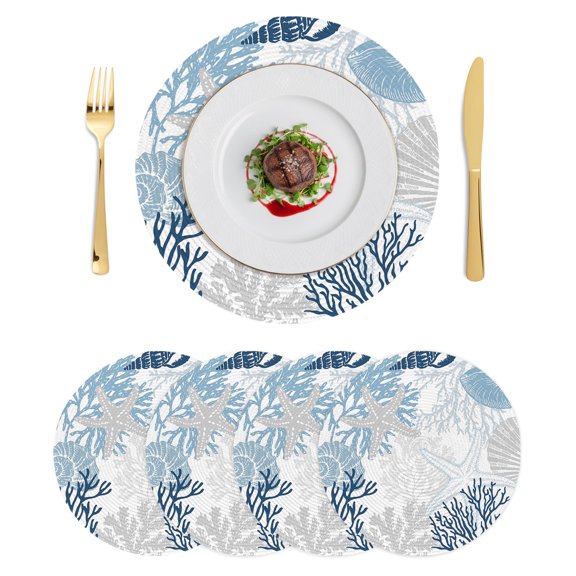Round Placemats Ocean Coastal 15 inch Set of 4 Table Mats for Dining Table Beach Grey Shells Blue Starfish Conch Corals Heat Resistant Non-Slip Kitchen & Home Decorative Place Mat Set