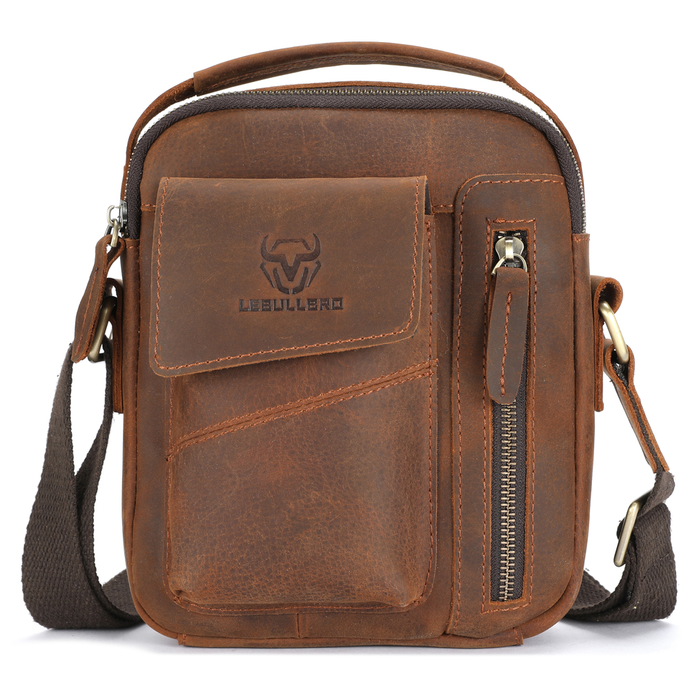 LEBULLBRO Retro Men's Sling Leather Shoulder Crossbody Bags Vintage Medium Handbag