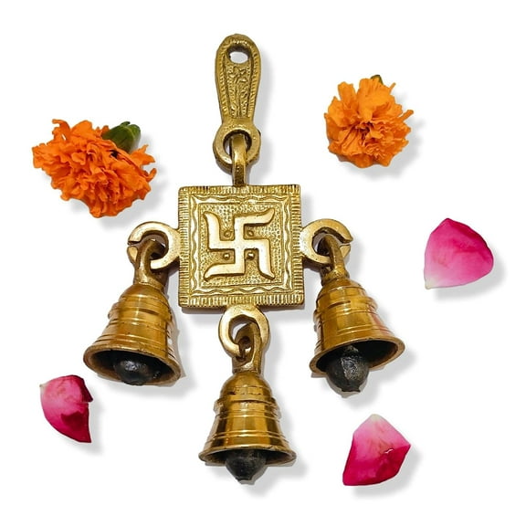 Athizay Brass Swastika Hanging Bells Brass Made Door Decor Temple Decoration Showpiece Brass Pooja Bell (Gold, Pack of 1)