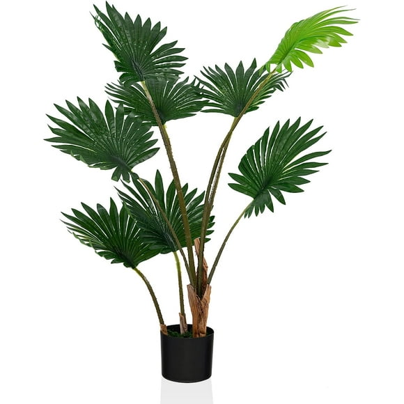4ft Artificial Fan Palm Tree, Fake Tropical Palm Tree with 8 Large Leaves, Potted Plant for indoor and outdoor