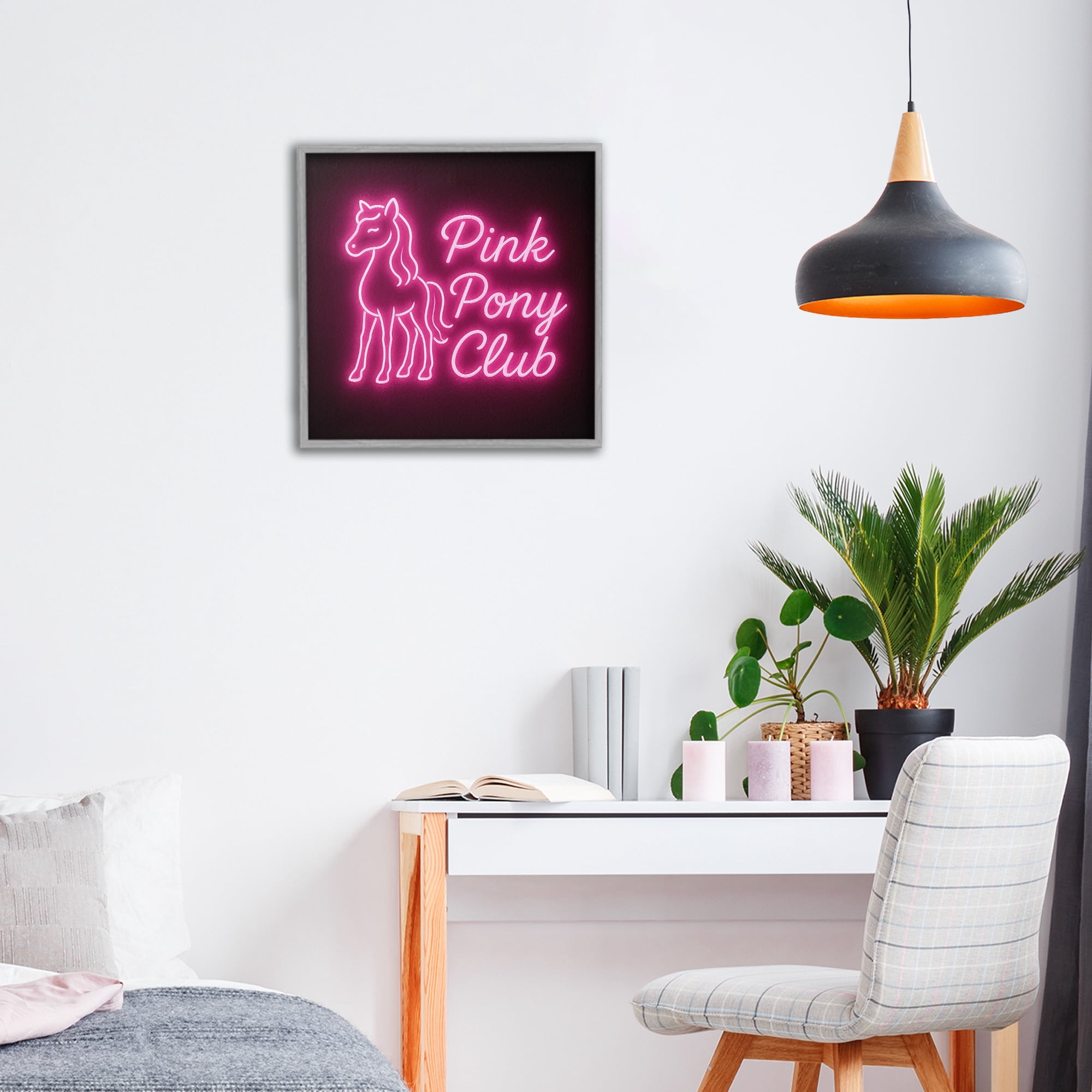 Stupell Industries Pink Pony Club Neon Gray Framed Giclee Art, design by Grotto Studios