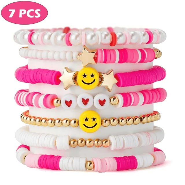 7Pcs Surfer Bracelets Colorful Preppy Happy Smile Evil Eye Beaded Stretch Clay Stackable Boho Discs for Women Girls