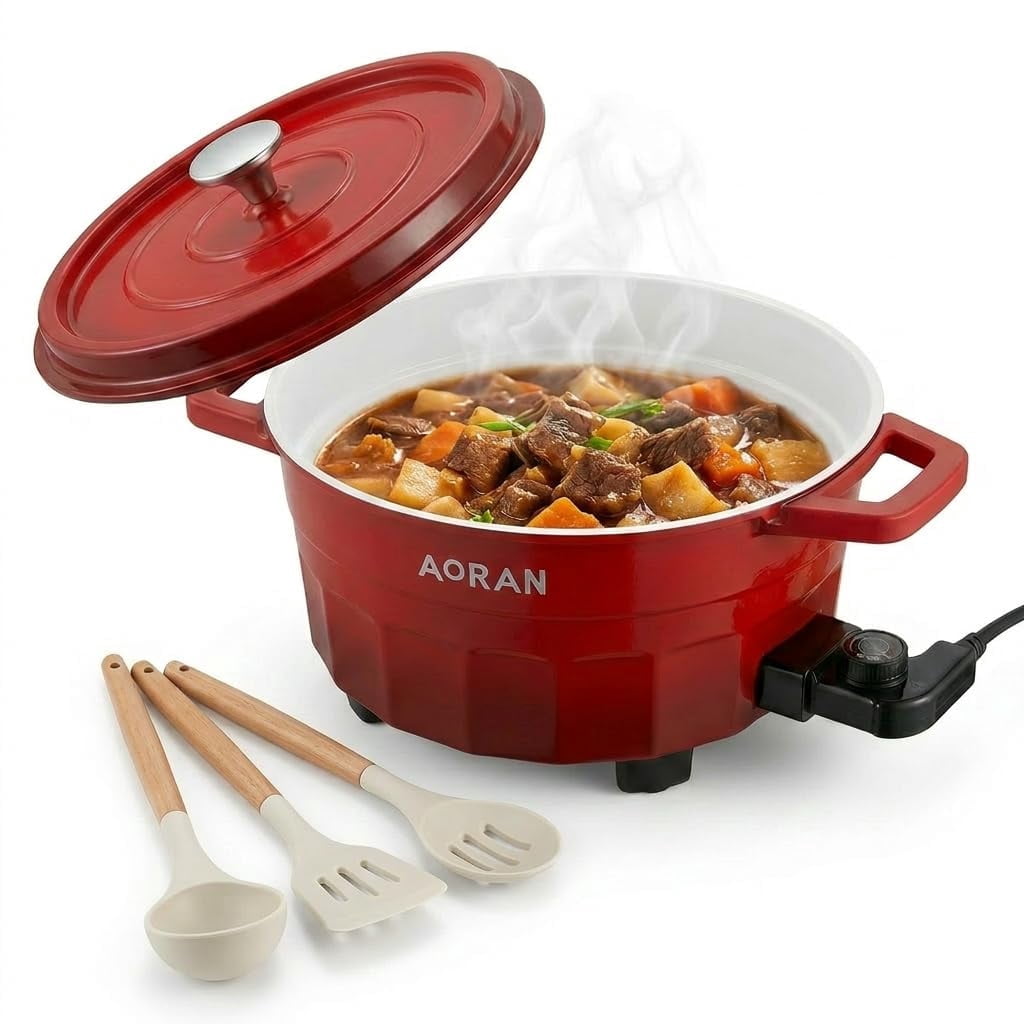 AORAN 6QT Multi-Function Electric Hot Pot Cooker, 1400W Family Hot Pot for Frying, Boiling, Slow Cooking & Stewing, Nonstick Cooking Pot with Temperature Control, Ladle, Skimmer & Spatula