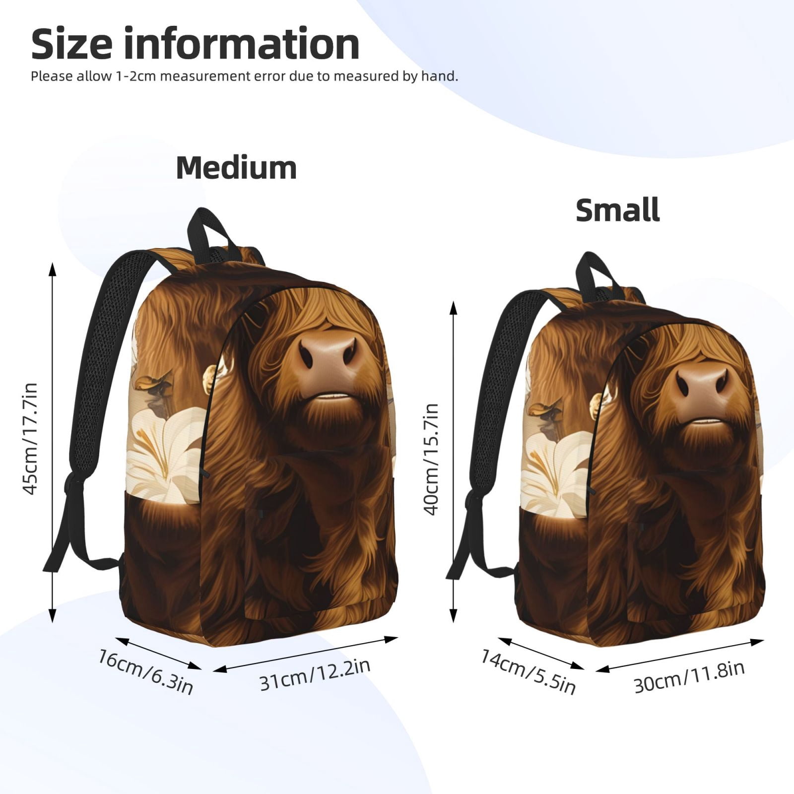 Vsdgher Cow With Butterflies Lilies Print Canvas Backpack Travel Rucksack Unisex Knapsack 15.7/17.7Inch Laptop Backpack for Work,College -Medium
