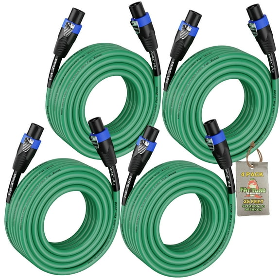 4 PACK - Speakon to Speakon Speaker Wires by Fat Toad 25ft Professional DJ Pro Audio Green PA Cords with Twist Lock Connector 12 AWG Cables for Impeccable Studio Recording & Stage Performance Gear