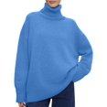 thumbnail image 3 of Women Mock Neck Sweater Chunky Long Sleeve Knitted High Low Hem Trendy Fall Winter Jumper Top Blue One Size, 3 of 9