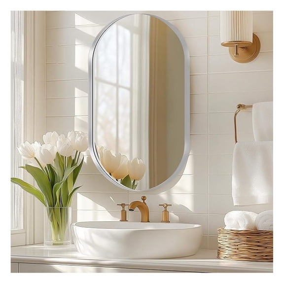 Oval Bathroom Medicine Cabinet with Mirror, 34”x20” Recessed Medicine Cabinet for Bathroom with Beveled Edge Mirror, Silver