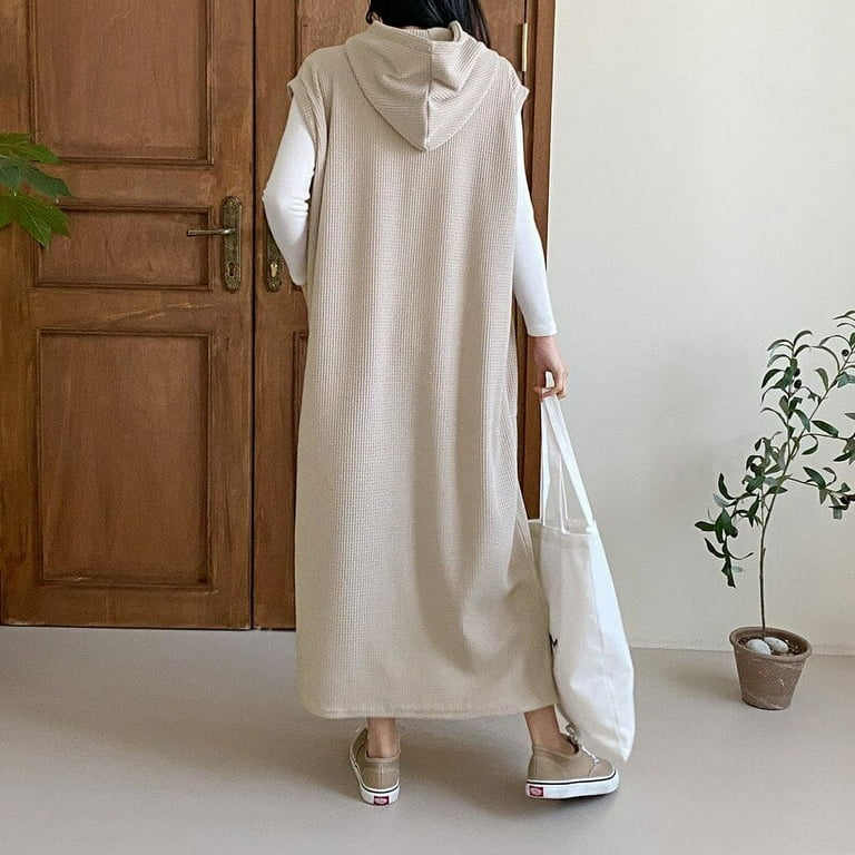 YCNYCHCHY Solid Color Sleeveless Hoodie Dresses Women 2023 Korean Fashion Long Hooded Sweatshirts Spring Autumn Casual Loose Long Dress