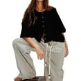 thumbnail image 3 of Women Y2K Button Front Crop Sweater Cardigan Solid Color Crew Neck Middle Sleeve Knit Tops Streetwear Black S, 3 of 6