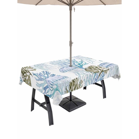 Outdoor Tablecloth with Umbrella Hole for Patio/Picnic/Party/Camping, Blue Green Coral Coastal Waterproof Table Cloth Rectangle Table Cover Washable, Jellyfish Summer Beach Nautical (60"x 120")