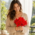 thumbnail image 4 of 3 Pcs Christmas Artificial Flowers Poinsettia Flowers Red 7 Heads Silk Poinsettia Christmas Floral Bouquet Winter Artificial Poinsettia Bushes for Xmas Party Holiday Arrangements Decoration…, 4 of 8