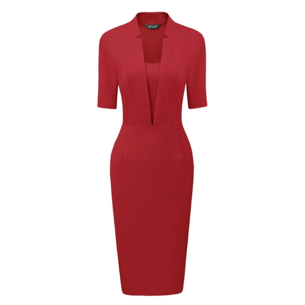 Vestido de tubo Allegra K para mujer con cuello en V manga corta trabajo oficina Bodycon midi Rojo M
