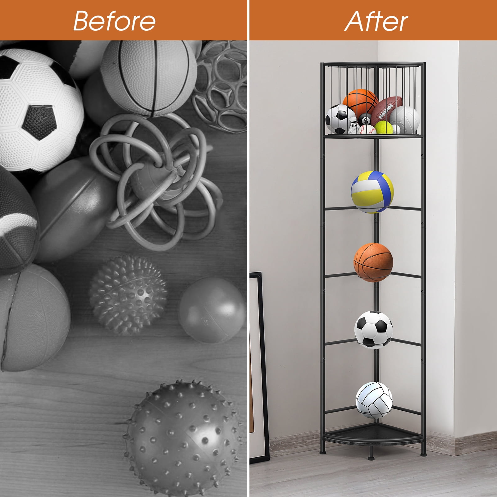 Oumilen 3-Tier Freestanding Basketball Storage Rack, Heavy-Duty Sports Ball Organizer
