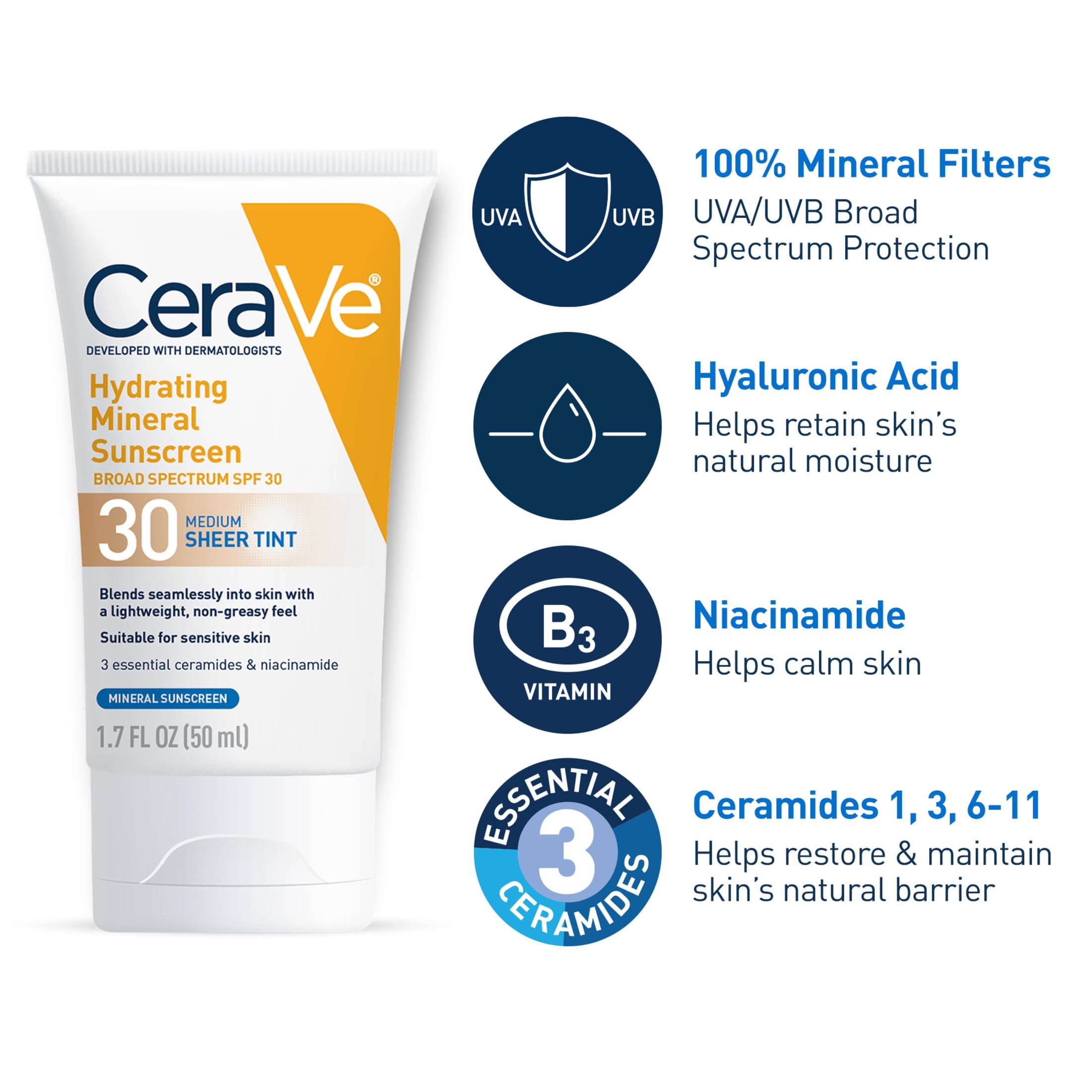 CeraVe Tinted SPF 30 Sunscreen Hydrating Mineral with Zinc Oxide 1.7oz Walmart
