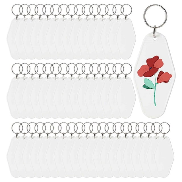 50pcs Blank Motel Keychain Bulk with Key Rings, White Vintage Hotel Keychains Key Tag for Vinyl DIY Crafts, White