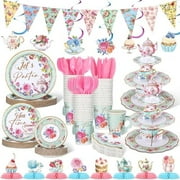 257 Pcs Tea Party Supplies Decoration Include Disposable Floral Paper Plate Napkin Teacup Saucer Set Cupcake Stand Centerpiece Bunting Banner Hanging Decoration for Teapot Party (Mint Green)