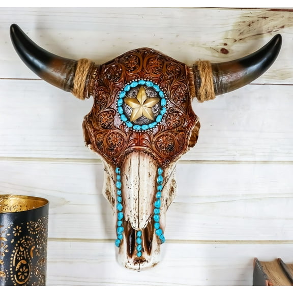 Western Star Tooled Leather Steer Bison Buffalo Bull Cow Horned Skull Wall Decor