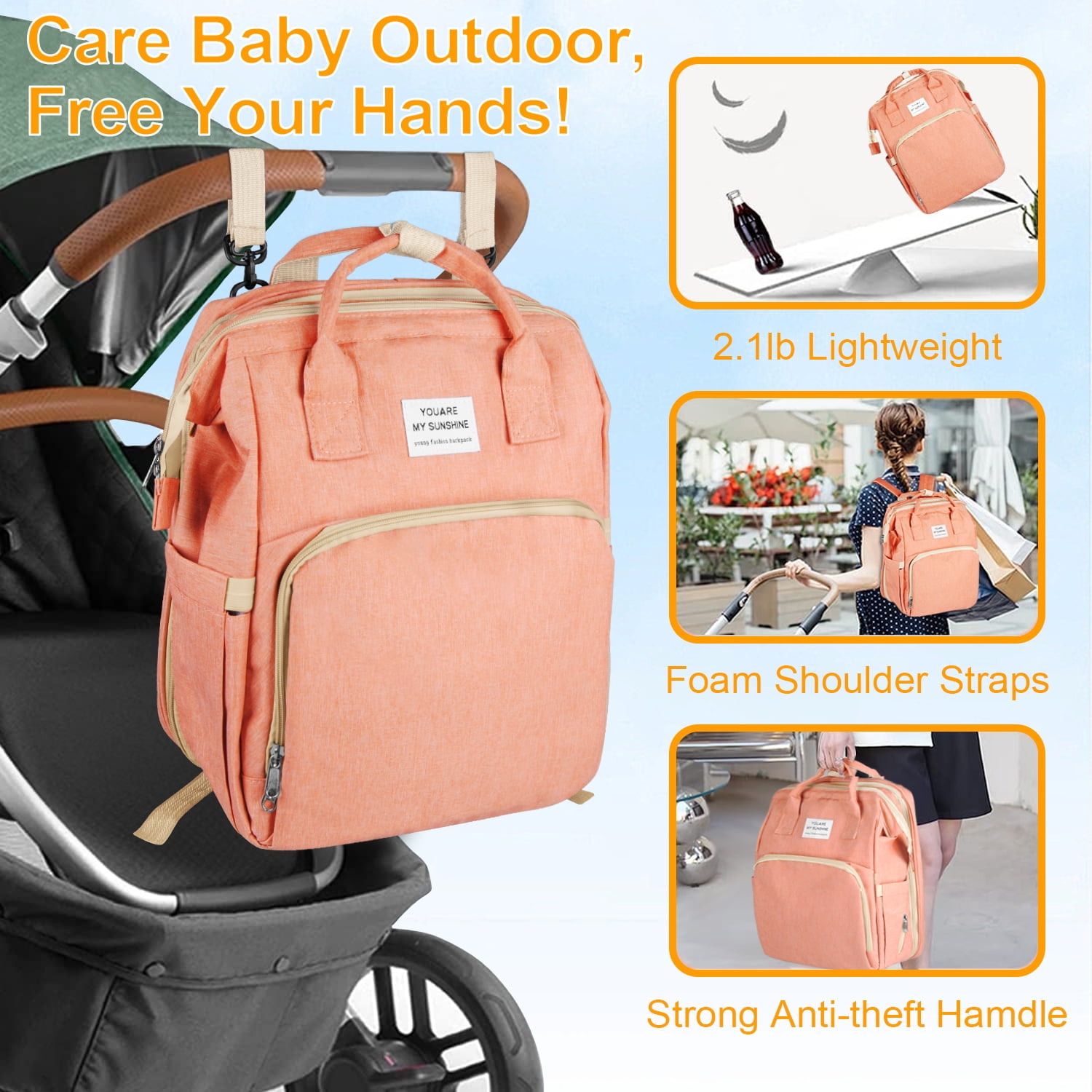 Diaper Bag Backpack,Multifunction Diaper Bag Backpack with Changing Station,Foldable Crib&Insulated Milk Bottle Pocket Large Capacity Baby Nappy Changing Bag Travel Backpack w/ Stroller Straps,Orange