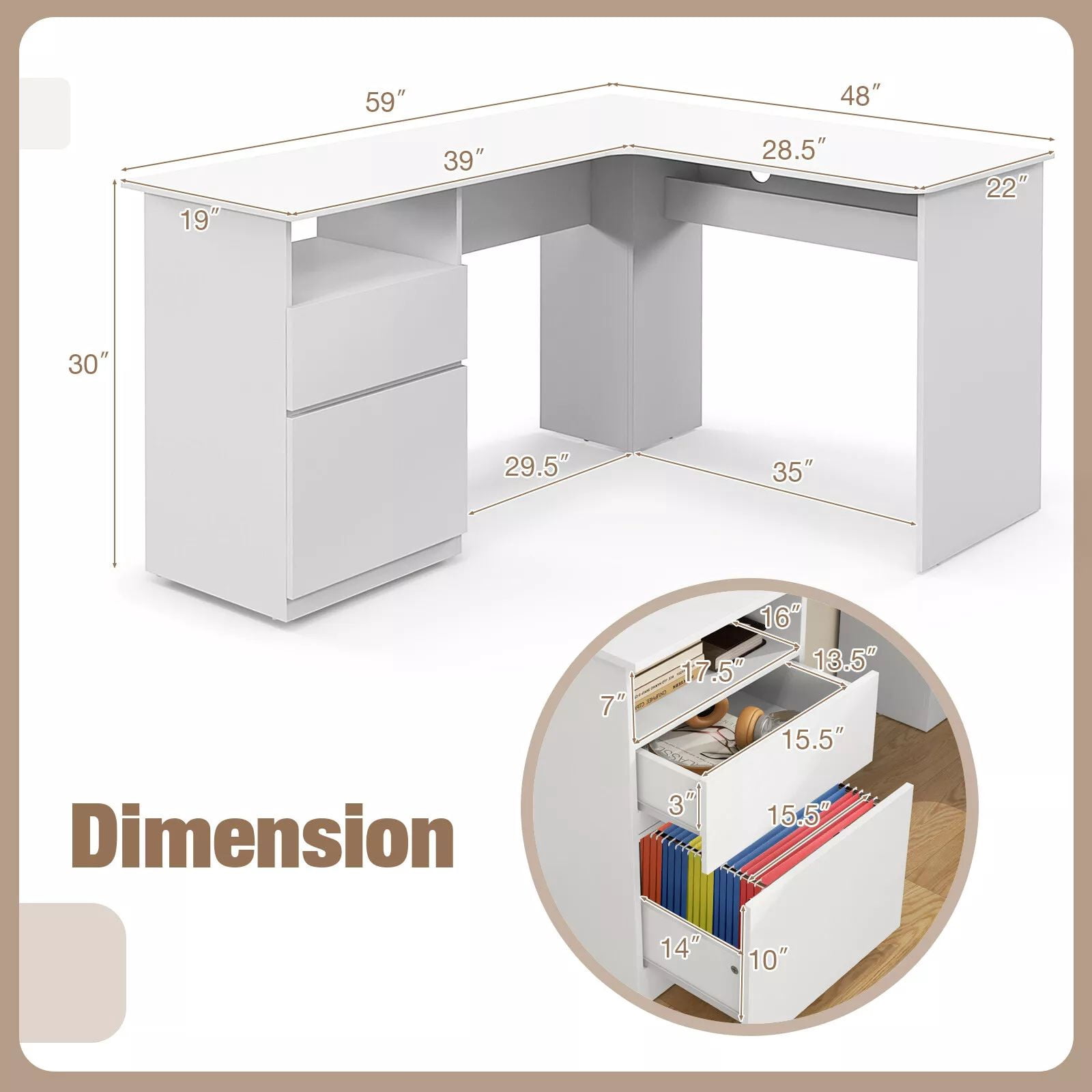 Harmijoy 59" L Shaped Study Writing Desk with Letter File Drawer, Open Compartment , Large Home Office Workstation, White