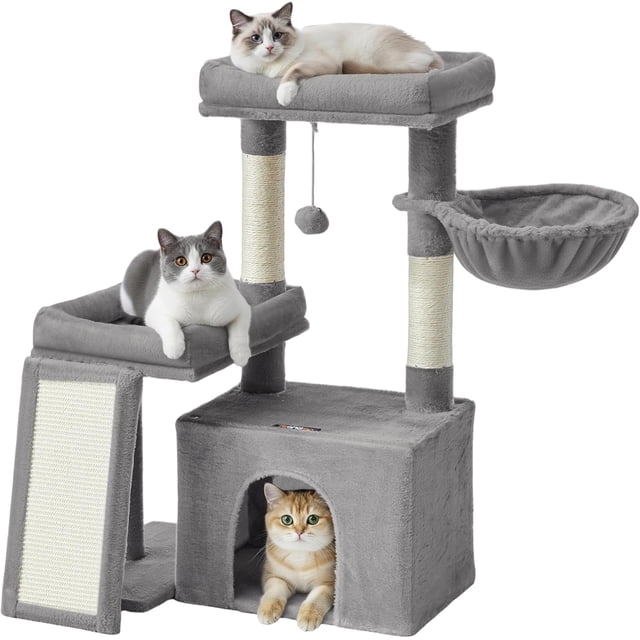 Cat Tree Tower Condo for Small and Medium Cats, with Scratching Posts and Ramp, 2 Perches, Cave, Basket, Dove Gray