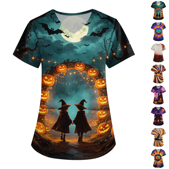 Womens Scrubs T-Shirt Pumpkin Print V Neck Short Sleeve Holiday Tee Casual Winter Top Scrub Tops