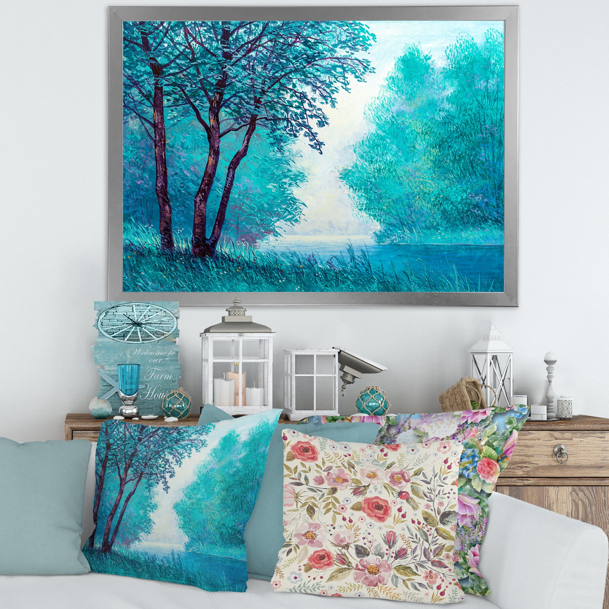 Designart 'Blue Coloured Tree Impression By Riverside' Lake House Framed Art Print
