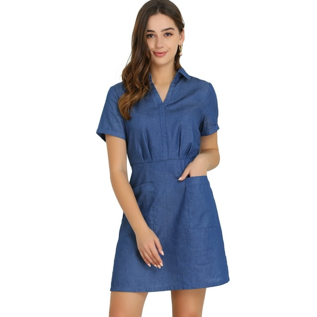 Vestido Camisero Liso De Cambray Con Cuello Vuelto Y Bolsillos Para Mujer Azul XL