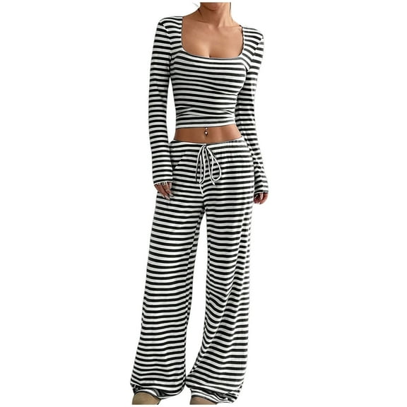 Maplenight Womens Striped 2 Piece Outfits Casual Scoop Neck Cropped Top Drawstring Wide Leg Pants Fall Pajama Sets for Women